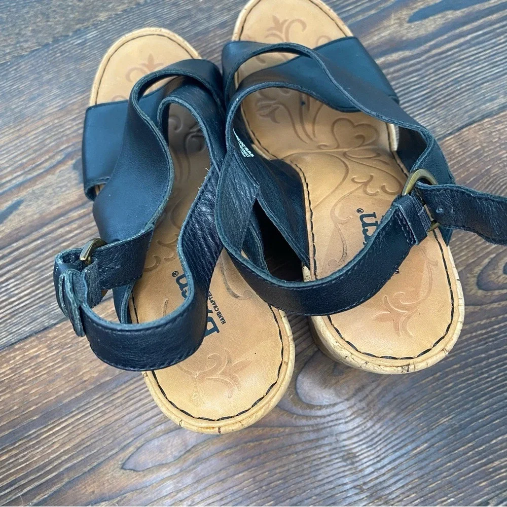 Born Black Leather Cork Wedge Sandals Heels Ankle Strap Casual Womens Shoes Sz 9